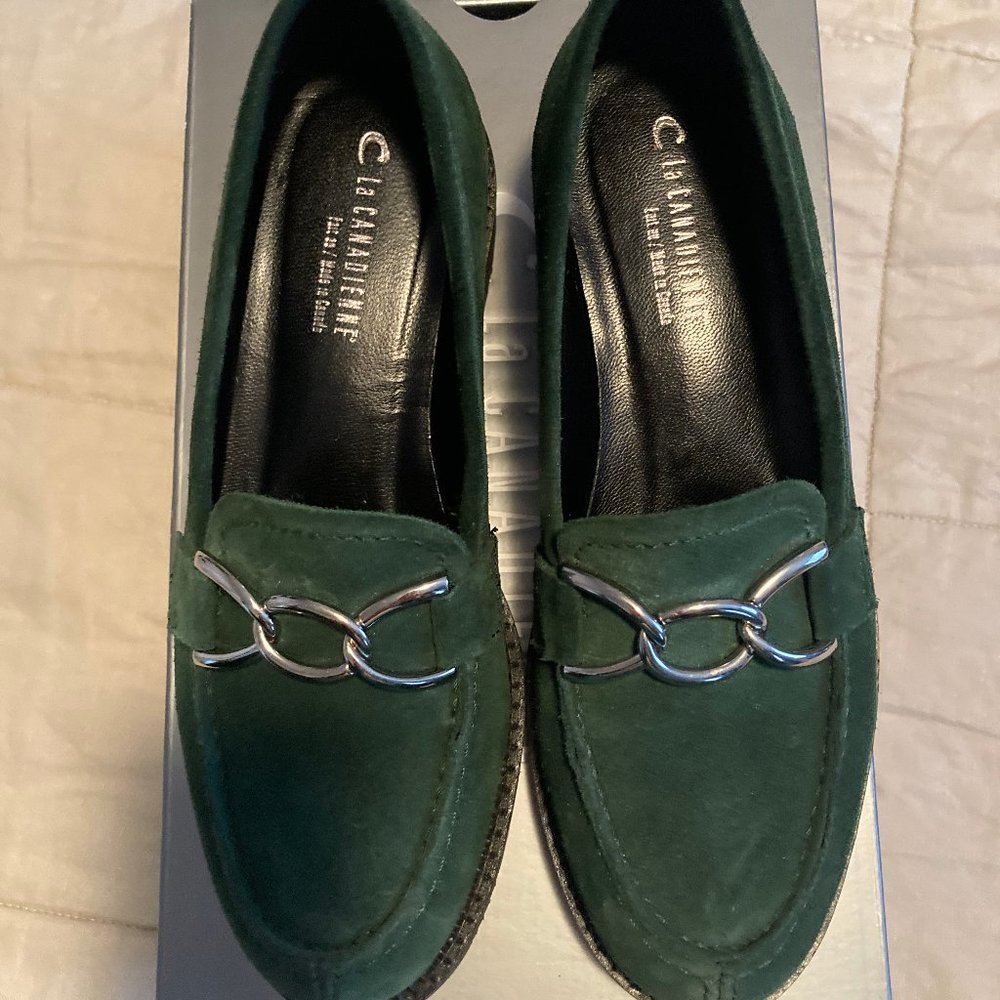 La Canadienne Green Suede Loafers with Silver Hardware
